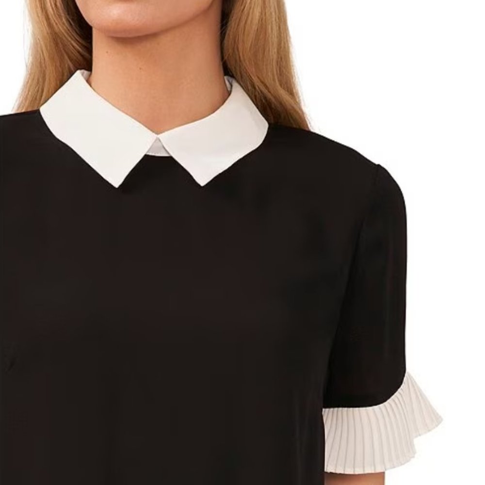 CeCe Black Crepe Blouse with White Collar and Pleated Cuffs (New with tags)